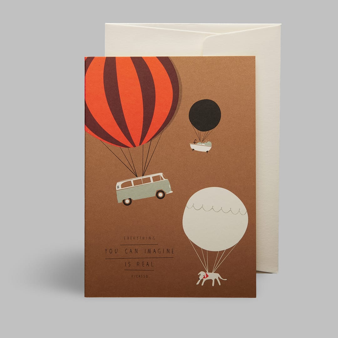 Moderne Grusskarte minimalistisch nachhaltig - Balloons real imagination Picasso VW Bus - Pleased to meet