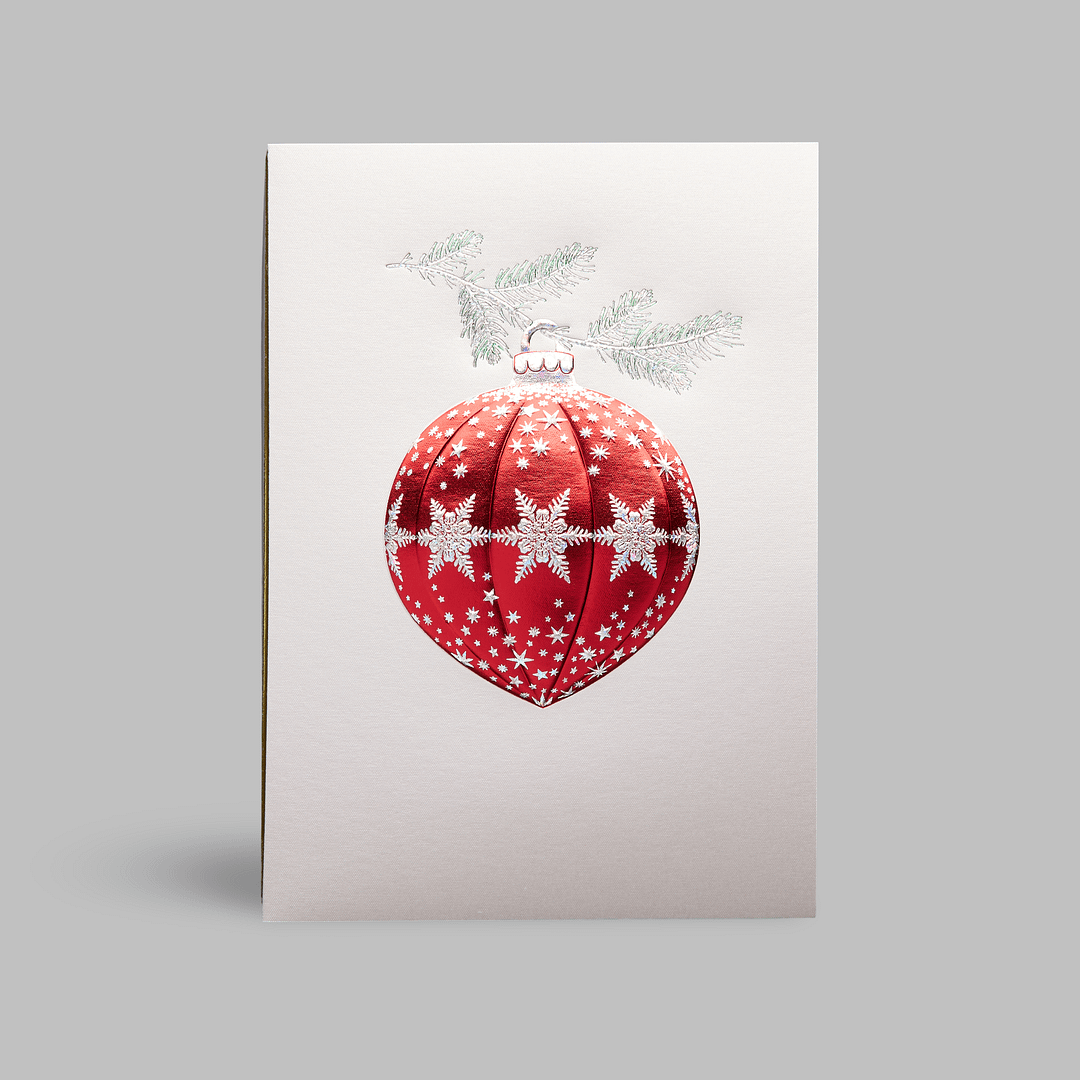 Paula-Skene Weihnachtskarte glueckwuensche Christbaumkugel rot silberne sterne