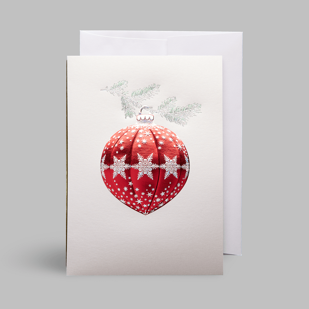 Paula-Skene Weihnachtskarte glueckwuensche Christbaumkugel rot silberne sterne