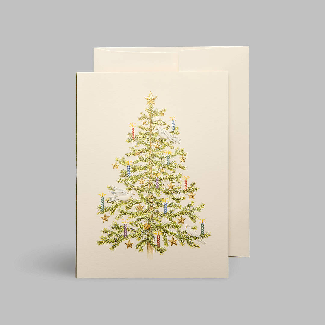 Paula-Skene Weihnachtskarte glueckwuensche Christbaumkugeln bunt metallic weihnachtsbaum christbaum sterne bescherung christkind schmuck kerzen