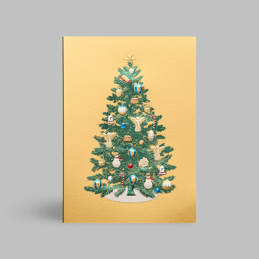 Paula-Skene Weihnachtskarte glueckwuensche Christbaumkugeln bunt metallic weihnachtsbaum christbaum sterne bescherung christkind schmuck