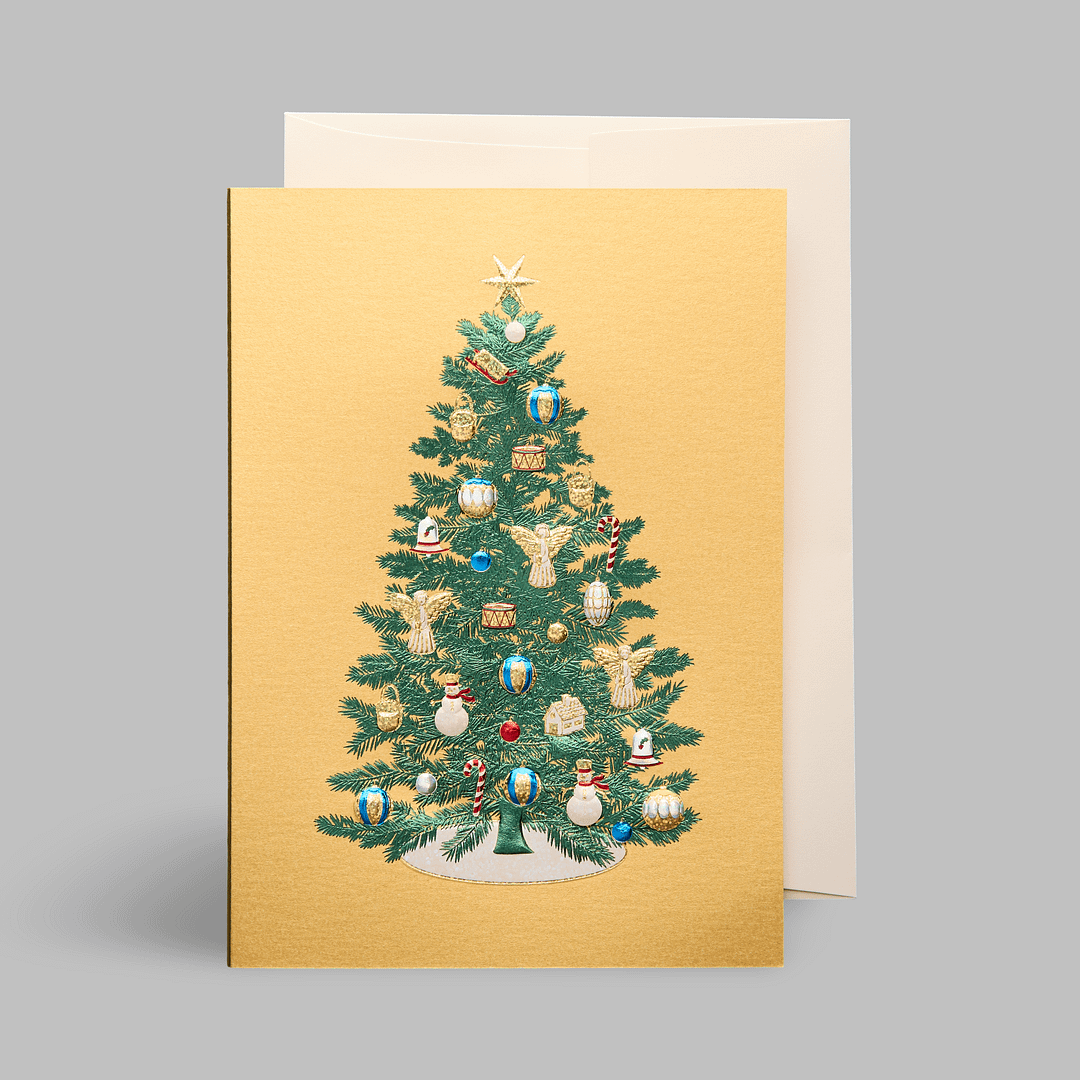 Paula-Skene Weihnachtskarte glueckwuensche Christbaumkugeln bunt metallic weihnachtsbaum christbaum sterne bescherung christkind schmuck