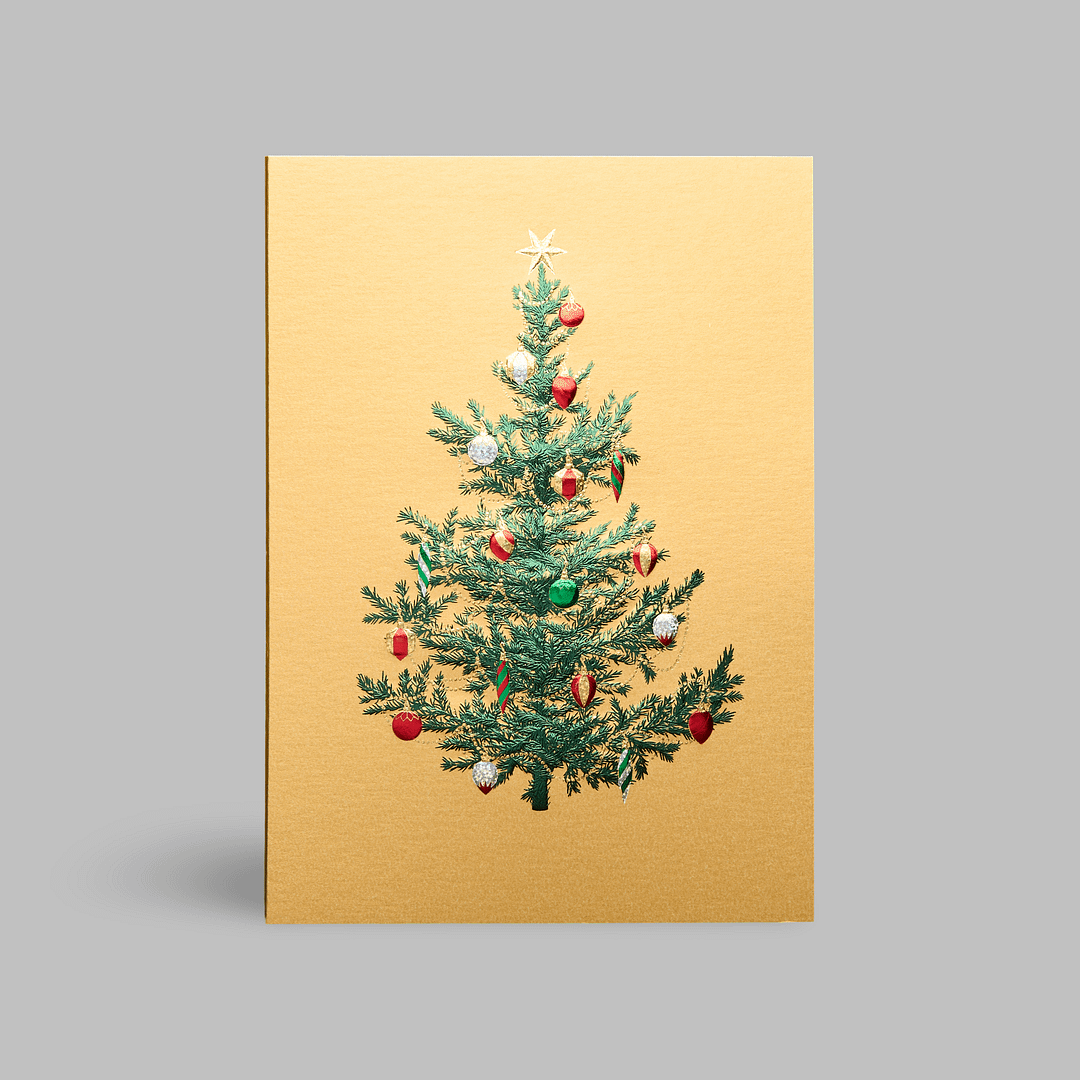 Paula-Skene Weihnachtskarte glueckwuensche Christbaumkugeln bunt metallic weihnachtsbaum christbaum sterne bescherung christkind schmuck kerzen