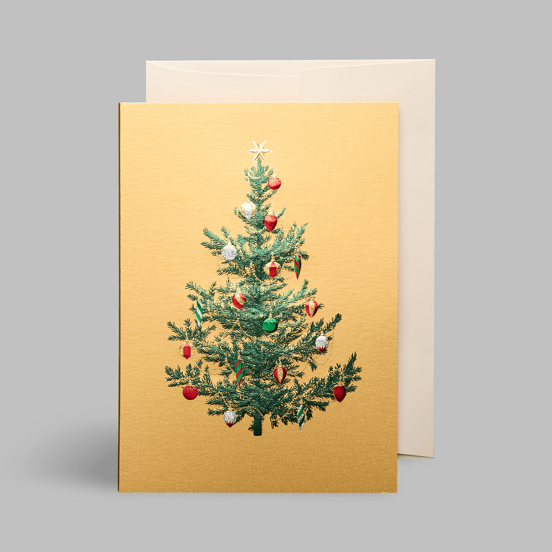 Paula-Skene Weihnachtskarte glueckwuensche Christbaumkugeln bunt metallic weihnachtsbaum christbaum sterne bescherung christkind schmuck kerzen