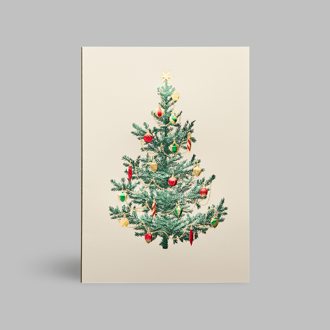 Paula-Skene Weihnachtskarte glueckwuensche Christbaumkugeln bunt metallic weihnachtsbaum christbaum sterne bescherung christkind schmuck