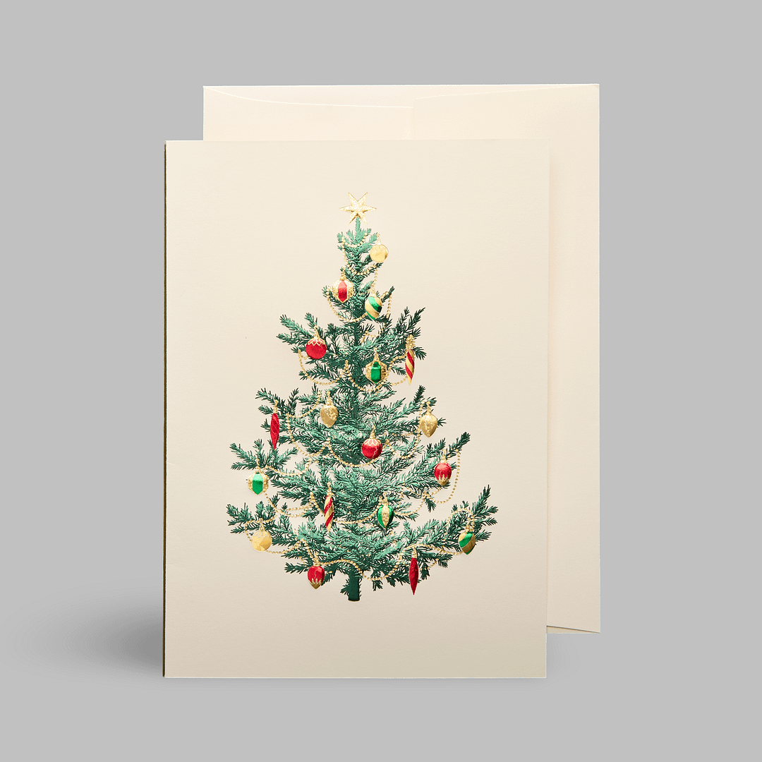 Paula-Skene Weihnachtskarte glueckwuensche Christbaumkugeln bunt metallic weihnachtsbaum christbaum sterne bescherung christkind schmuck