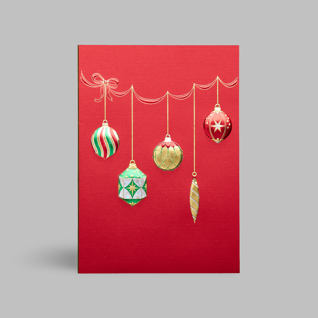 Paula-Skene Weihnachtskarte glueckwuensche Christbaumkugeln bunt metallic zinnober rot sterne glitzernd