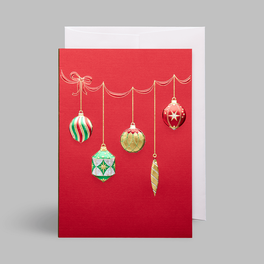 Paula-Skene Weihnachtskarte glueckwuensche Christbaumkugeln bunt metallic zinnober rot sterne glitzernd