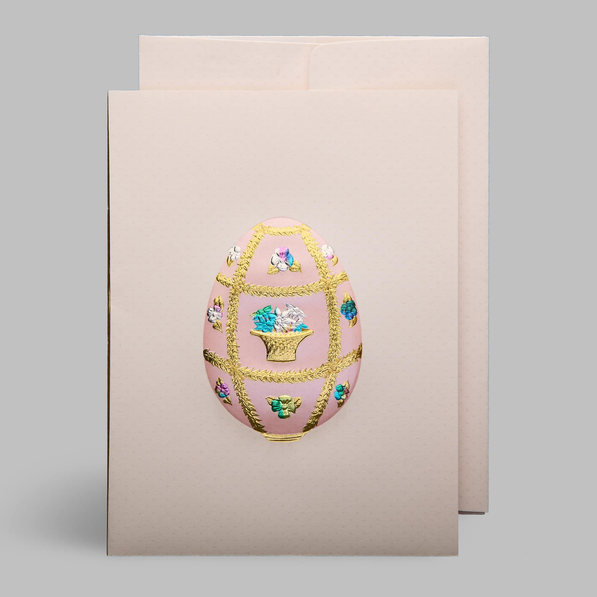 Oster Faltkarte geprägt – cremefarben & bunt mit Blumen und goldenen Akzenten – Hochwertige Klappkarte mit Osterei & Umschlag